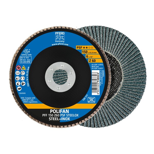 Pferd 6" x 7/8" A.H. POLIFAN Flap Disc - Z PSF STEELOX, Zirconia, 60 Grit, Flat 63052 - main